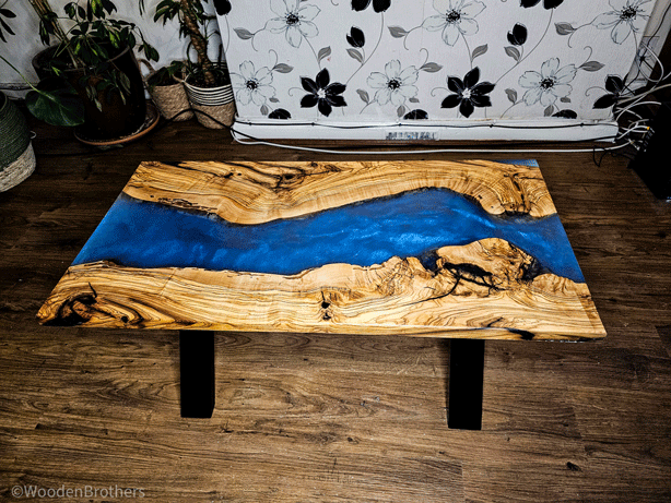 Handcrafted Blue Resin and Olive Wood Coffee Table with Modern Black X-Legs